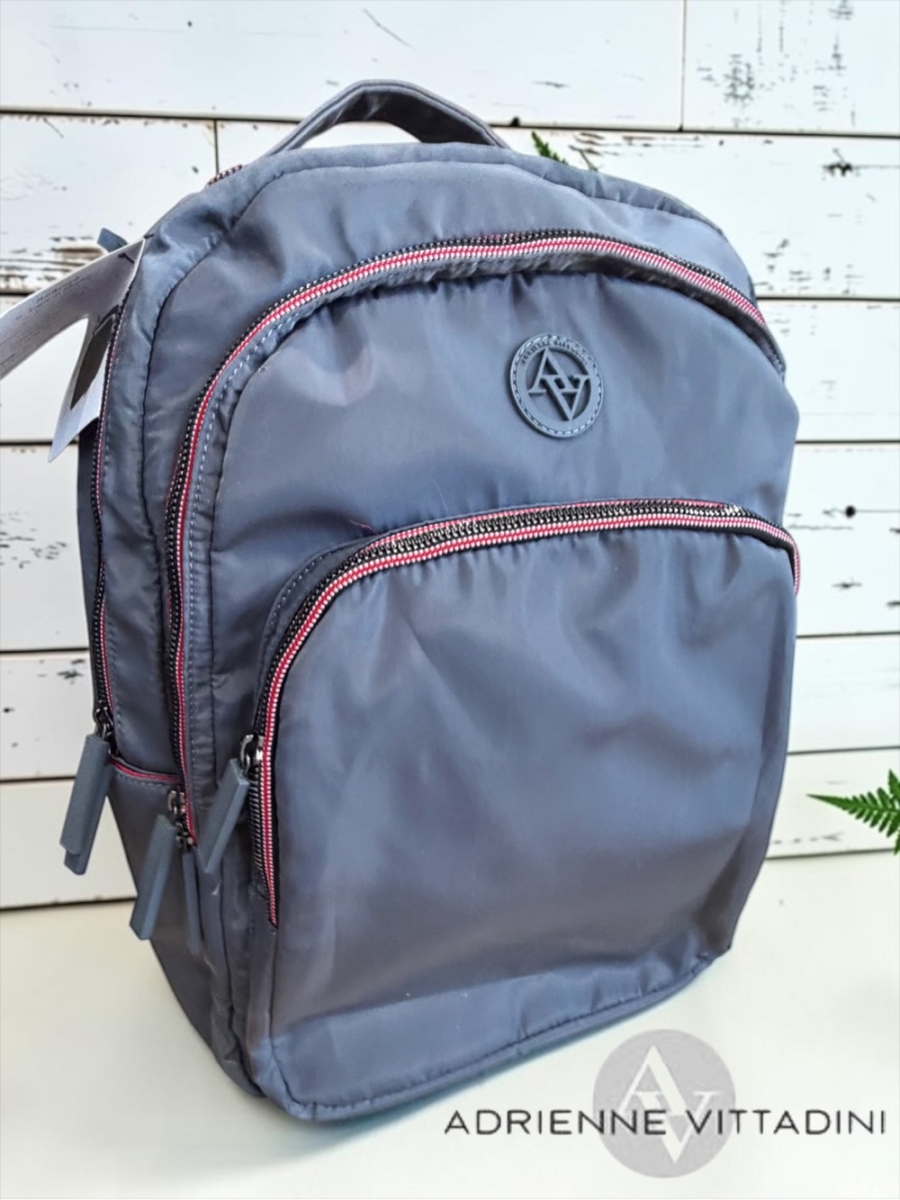 NWT Adrienne Vittadini Grey Nylon Logo Backpack - Red/White Zip Accents